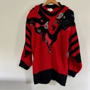 🦋 Vintage Red Black Bejeweled Sequined Fringe Oversized Sweater Retro 80s 90s